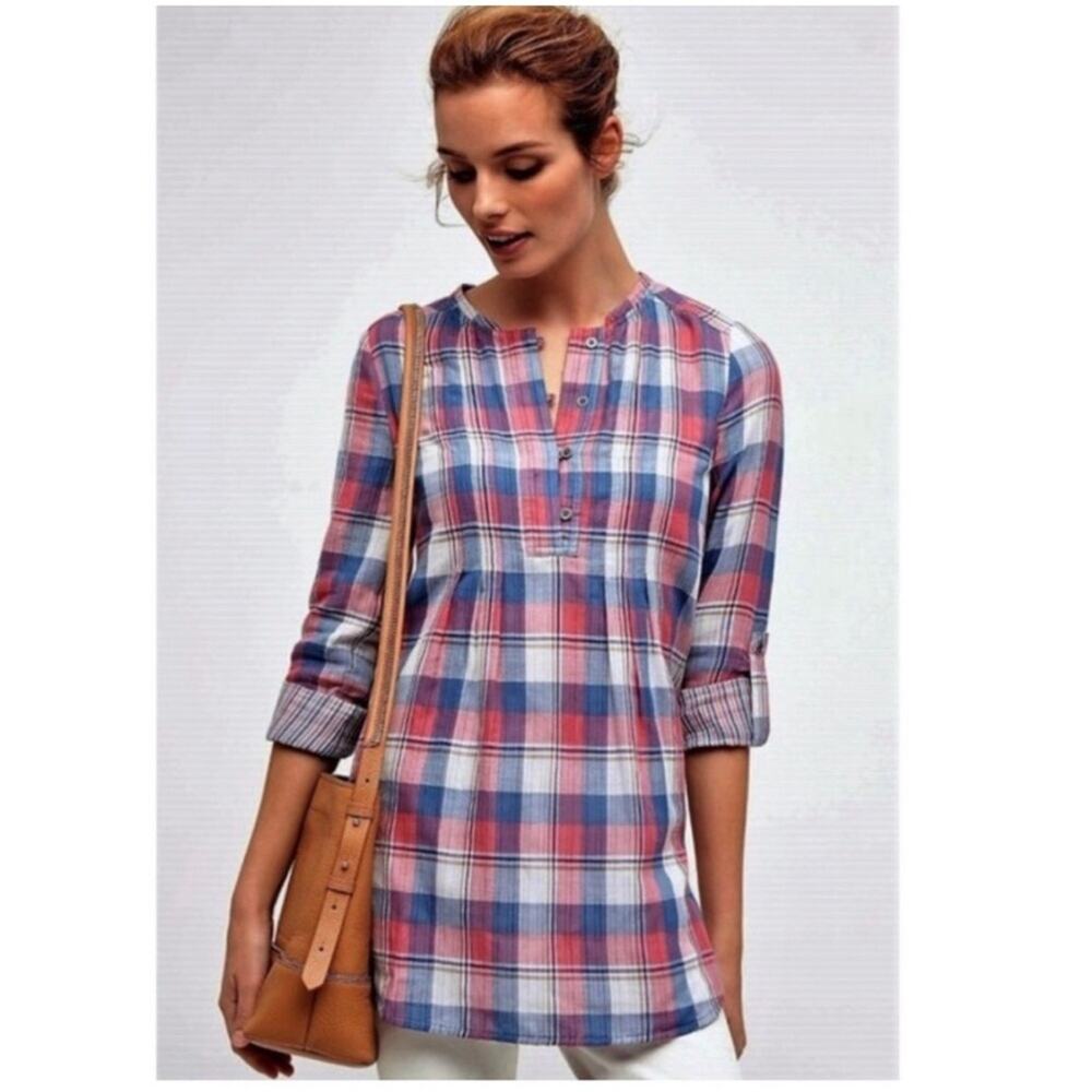 Anthropologie Holding Horses pink blue white plaid popover tunic top size 8